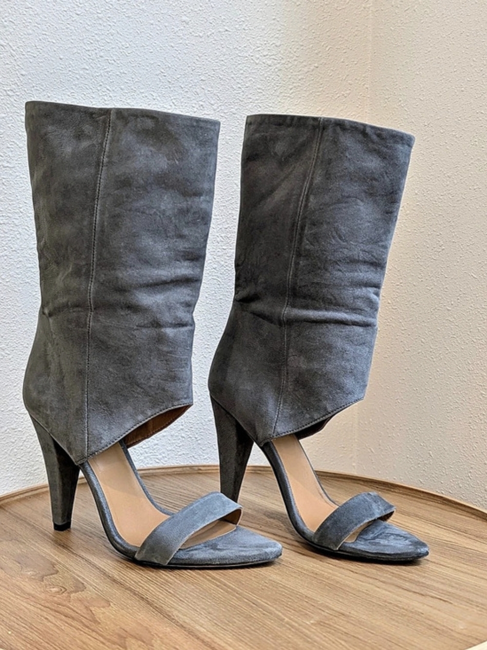 IRO Paris Grey Slouchy Suede Open Toe Sandal Heel Shaft Boots EU 37 US 6.5-7